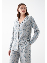 Desenli Pamuklu Pijama Takımı Gri
