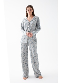 Desenli Pamuklu Pijama Takımı Gri