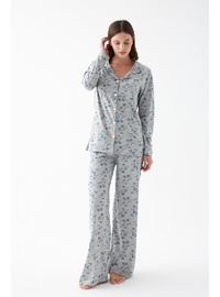 Desenli Pamuklu Pijama Takımı Gri