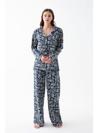 Lacivert Paris Yazılı Pamuklu Pijama Takımı