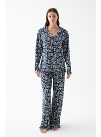 Lacivert Paris Yazılı Pamuklu Pijama Takımı