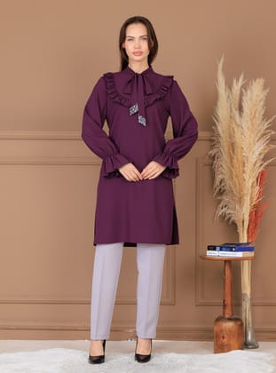 Asel Tunik Pantolon Tesettür İkili Takım - Mürdüm - Elben Moda