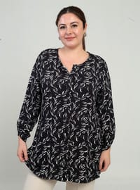 Yaprak Desenli Büyük Beden Gömlek Siyah