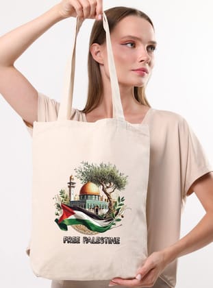 Kanvas Free Palestine Baskılı Bez Çanta - Krem - Çınar Bez Çanta