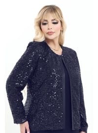 Lacivert Boncuklu Ceket Bluz Takım