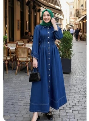 Kadın Beli Büzgülü Düğmeli Koyu Kot Mavi Elbise