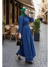 Büzgülü Kot Elbise Koyu Mavi