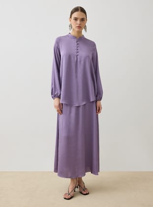 Saten Kumaşlı Brit Düğme Detaylı Tunik&Etek Takım - Mor - Refka