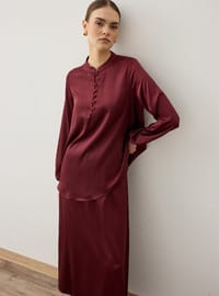 Saten Kumaşlı Brit Düğme Detaylı Tunik&Etek Takım - Koyu Kızıl - Refka