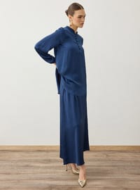Saten Kumaşlı Brit Düğme Detaylı Tunik&Etek Takım - Lacivert - Refka