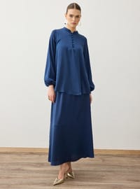 Saten Kumaşlı Brit Düğme Detaylı Tunik&Etek Takım - Lacivert - Refka
