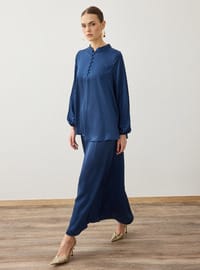 Saten Kumaşlı Brit Düğme Detaylı Tunik&Etek Takım - Lacivert - Refka