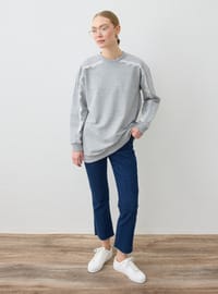 Dantel Şerit Detaylı Sweatshirt - Gri melanj - Refka