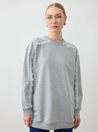 Dantel Şerit Detaylı Sweatshirt - Gri melanj - Refka