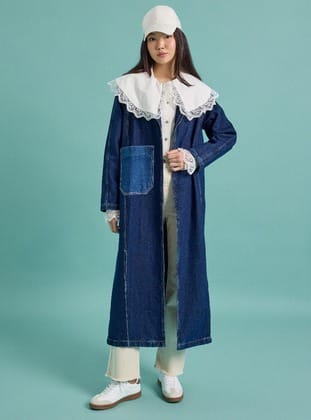 Yırtmaç Detaylı Cepli Denim Trençkot - Lacivert - Benin