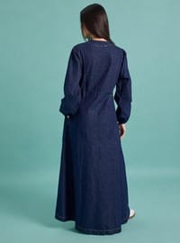 V Yaka Denim Elbise - Lacivert