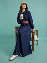 V Yaka Denim Elbise - Lacivert