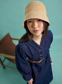 V Yaka Denim Elbise - Lacivert