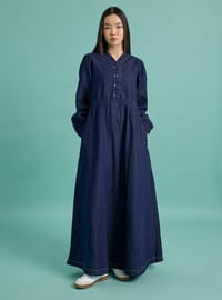 V Yaka Denim Elbise - Lacivert