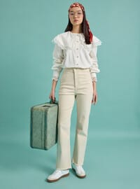 Yüksek Bel Düz Kesim Denim Pantolon - Bej