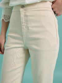 Yüksek Bel Düz Kesim Denim Pantolon - Bej