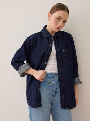 Dikiş Detaylı Basic Denim Gömlek - Lacivert - Benin