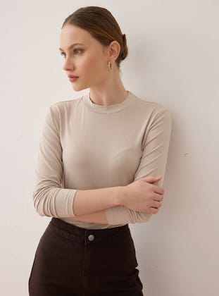 Uzun Kolu Dik Yaka Bluz - Nude - Benin