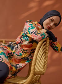 Sulu Boya Desenli Tam Kapalı Mayo