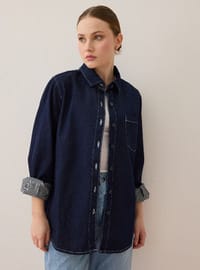 Dikiş Detaylı Oversize Denim Gömlek - Lacivert