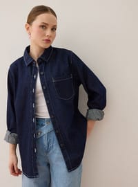 Dikiş Detaylı Oversize Denim Gömlek - Lacivert