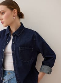 Dikiş Detaylı Oversize Denim Gömlek - Lacivert