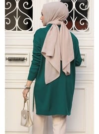 Fitilli Zümrüt Yeşili Tesettür Triko Tunik 65903ZY