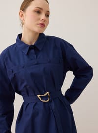 Poplin Kumaşlı Düğme Detaylı Tesettür Elbise Lacivert Benin Exclusive