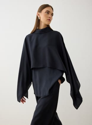 Modal Kumaşlı Asimetrik Kesim Tunik&Pantolon Takım - Siyah - Refka - Exclusive
