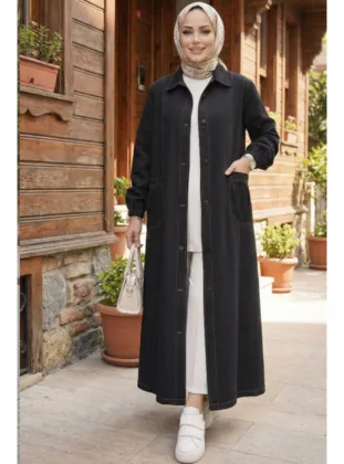 Kadın Düğmeli Cepli Denim Siyah Uzun Kot Kap