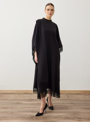 Krep Kumaşlı Püskül Detaylı Kimono - Siyah - Refka