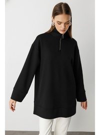 Dik Yaka Fermuarlı Yumuşak Sweatshirt Siyah