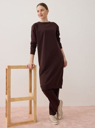 Basic Bisiklet Yaka Reglan Kollu Uzun İkili Eşofman Takımı- Kahverengi - Benin