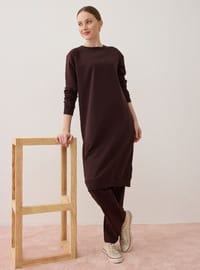 Basic Bisiklet Yaka Reglan Kollu Uzun İkili Eşofman Takımı Kahverengi