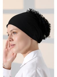 Fırfırlı Güpürlü Tesettür Topuz Bone - Siyah