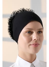 Fırfırlı Güpürlü Tesettür Topuz Bone - Siyah