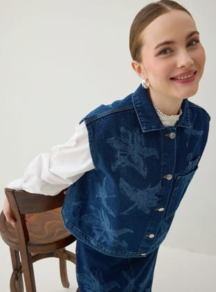 Baskı Detaylı Denim Yelek - Lacivert - Benin