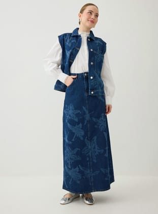 Baskı Detaylı Klasik Denim Etek - Lacivert - Benin