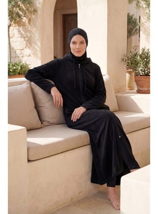 Fermuarlı Havlu Pareo Siyah P2601-2