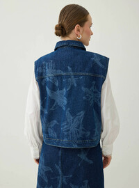 Baskı Detaylı Denim Yelek Lacivert