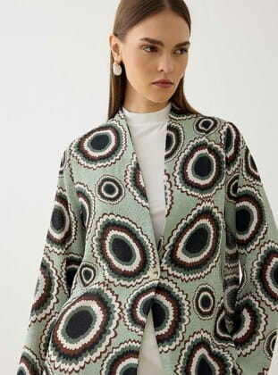 Keten Kumaşlı Düğmeli Kimono - Yeşil Geometrik Desenli - Refka