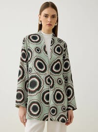 Keten Kumaşlı Düğmeli Kimono Yeşil Geometrik Desenli Refka