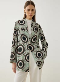 Keten Kumaşlı Düğmeli Kimono Yeşil Geometrik Desenli Refka
