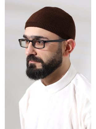 Kahve Süper Namaz Dantel Detaylı Örme Orlon Namaz Takkesi Kahverengi