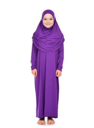 Pratik Başörtülü Tek Parça Kız Çocuk Namaz Elbisesi 9-11 Yaş Mor Mor